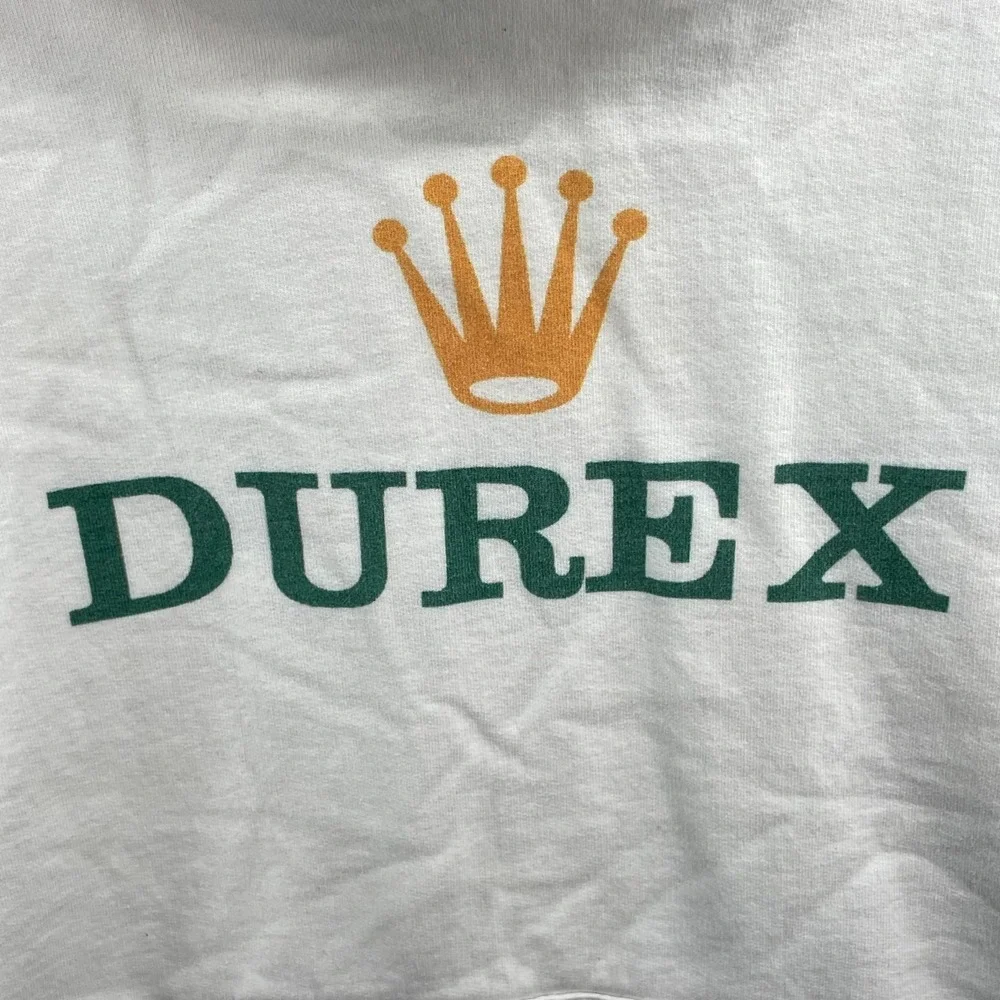 Dayze Cool Hoodie Mens Small Cream Graphic‎ Print Durex Crown Logo Fleece Lined